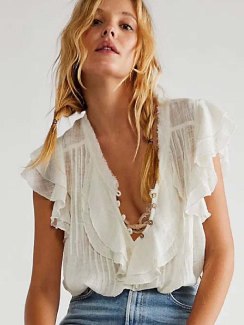 Free People FP One Naya Ruffle Gauze Top White Cream Boho size large